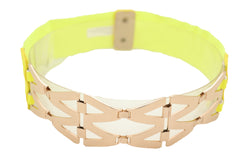 Neon Yellow Wide Elastic Waistband Fashion Belt Gold Metal XX Links S M