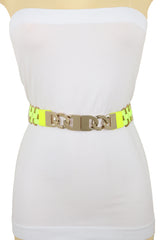Gold Metal Chain Charm Buckle Neon Yellow Elastic Waistband Belt Size S M