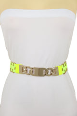 Gold Metal Chain Charm Buckle Neon Yellow Elastic Waistband Belt Size S M