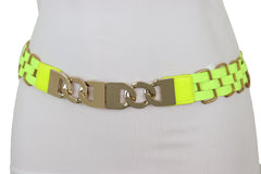 Gold Metal Chain Charm Buckle Neon Yellow Elastic Waistband Belt Size S M
