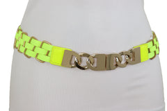 Gold Metal Chain Charm Buckle Neon Yellow Elastic Waistband Belt Size S M