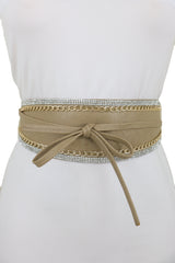 Caramel Beige Wrap Around Wide Waistband Tie Kimono Style Belt Size S M
