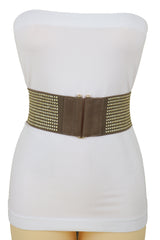 Brown Elastic Waistband Fashion Belt High Waist Hip Metal Dots Size S M