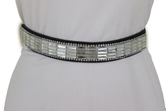 Skinny Black Elastic Waistband Fashion Belt Silver Bling Beads Size S M