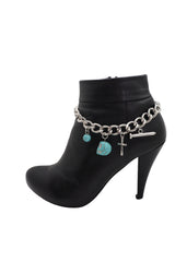 Silver Metal Chain Boot Bracelet Shoe Cross Nail Turquoise Skull Charm