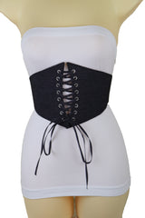Black Denim Wide Fabric Elastic High Waist Corset Belt Adjustable Size S M