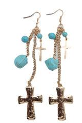Gold Metal Chain Dangle Earrings Set Cross Turquoise Beads