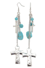 Silver Metal Chain Dangle Earring Set Cross Turquoise Bead