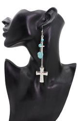 Silver Metal Chain Dangle Earring Set Cross Turquoise Bead