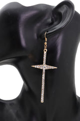 Gold Metal Pointy Cross Charm Earring Set Religious Bling