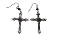 Earrings Religious Christian Pointy Cross Hook Black Beads