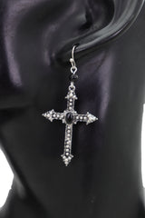 Earrings Religious Christian Pointy Cross Hook Black Beads