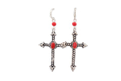 Earrings Set Antique Silver Metal Pointy Cross Religious Red