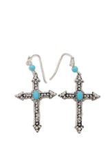 Silver Metal Pointy Cross Earrings Turquoise Blue Beads