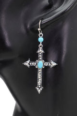 Silver Metal Pointy Cross Earrings Turquoise Blue Beads