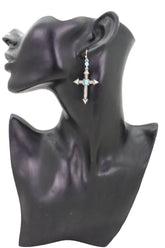 Silver Metal Pointy Cross Earrings Turquoise Blue Beads