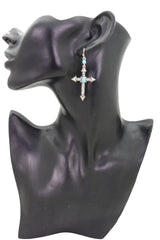 Silver Metal Pointy Cross Earrings Turquoise Blue Beads
