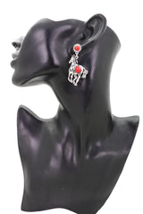 Earrings Set Antique Silver Metal Horse Rodeo Western Fashion Red Beads