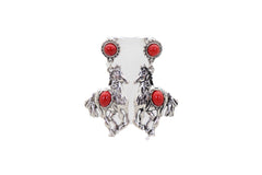 Earrings Set Antique Silver Metal Horse Rodeo Western Fashion Red Beads