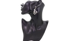 Women Earrings Set Silver Metal Horse Rodeo Western Black Beads