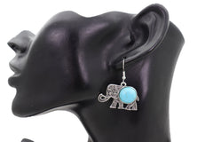 Earrings Set Ethnic Silver Metal Indian Elephant Jewelry Turquoise Blue