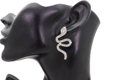 Silver Metal Rhinestone Cobra Snake Earrings
