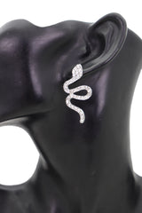 Silver Metal Rhinestone Cobra Snake Earrings