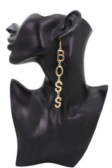 Hook Earrings Set Gold Metal Long BOSS Word Charm Hip Hop