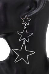 Silver 3-Star Outline Drop Earrings