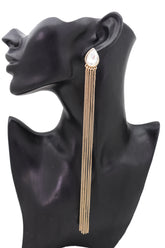 Silver Teardrop Gem Extra Long Gold Metal Tassel Earrings