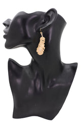 Hook Earrings Gold Metal Bird Feather Peacock White Beads