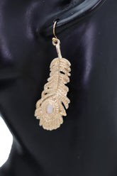 Hook Earrings Gold Metal Bird Feather Peacock White Beads