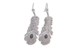 Hook Earrings Silver Metal Bird Feather Peacock Gray Beads