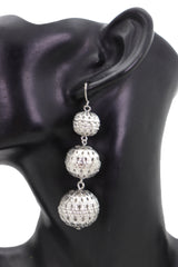 Hook Earrings Set Silver Mesh Metal Disco 3 Balls Dangle