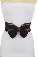 Women Wide Elastic Waistband Brown Big Bow Tie Fashion Belt Hip Waist Zipper Fit Size M L