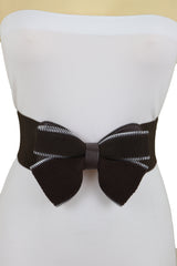 Women Wide Elastic Waistband Brown Big Bow Tie Fashion Belt Hip Waist Zipper Fit Size M L