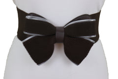 Women Wide Elastic Waistband Brown Big Bow Tie Fashion Belt Hip Waist Zipper Fit Size M L