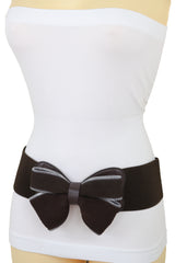 Women Wide Elastic Waistband Brown Big Bow Tie Fashion Belt Hip Waist Zipper Fit Size M L