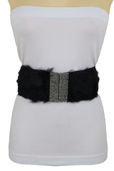 Women Black Wide Elastic Hip Waist Fashion Belt Faux Fur Fancy Style Size M L