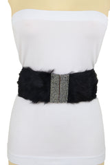 Women Black Wide Elastic Hip Waist Fashion Belt Faux Fur Fancy Style Size M L