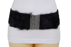Women Black Wide Elastic Hip Waist Fashion Belt Faux Fur Fancy Style Size M L
