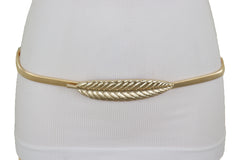 Gold Metal Elastic Narrow Band Wedding Bridal Belt Leaf Buckle Size S M L