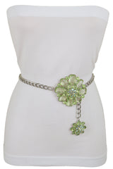Silver Metal Chain Links Hip High Waist Fashion Belt Green Flower Fit Size XS S M