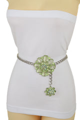 Silver Metal Chain Links Hip High Waist Fashion Belt Green Flower Fit Size XS S M