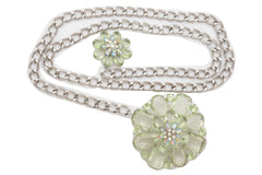 Silver Metal Chain Links Hip High Waist Fashion Belt Green Flower Fit Size XS S M