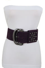 Wide Dark Purple Faux Leather Fashion Elastic Belt Metal Studs Buckle Fit Size S M