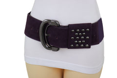 Wide Dark Purple Faux Leather Fashion Elastic Belt Metal Studs Buckle Fit Size S M
