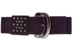 Wide Dark Purple Faux Leather Fashion Elastic Belt Metal Studs Buckle Fit Size S M