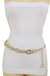 Gold Metal Chain Chunky Links Waistband Fashion Belt Clear Beads Size S M