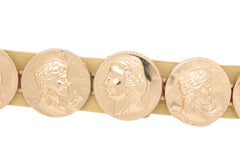 Women Gold Elastic Strap Fashion Belt Metal Greek Coin Medallion Charms